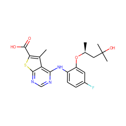 Cc1c(C(=O)O)sc2ncnc(Nc3ccc(F)cc3O[C@@H](C)CC(C)(C)O)c12 ZINC000118738656