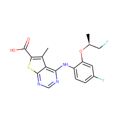 Cc1c(C(=O)O)sc2ncnc(Nc3ccc(F)cc3O[C@@H](C)CF)c12 ZINC000169708390