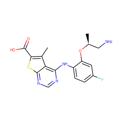 Cc1c(C(=O)O)sc2ncnc(Nc3ccc(F)cc3O[C@@H](C)CN)c12 ZINC000118758673