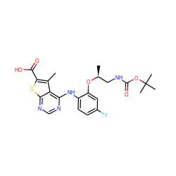 Cc1c(C(=O)O)sc2ncnc(Nc3ccc(F)cc3O[C@@H](C)CNC(=O)OC(C)(C)C)c12 ZINC000118737994