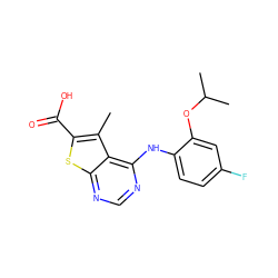 Cc1c(C(=O)O)sc2ncnc(Nc3ccc(F)cc3OC(C)C)c12 ZINC000118738308