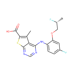 Cc1c(C(=O)O)sc2ncnc(Nc3ccc(F)cc3OC[C@@H](C)F)c12 ZINC000169708396