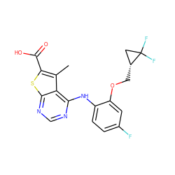 Cc1c(C(=O)O)sc2ncnc(Nc3ccc(F)cc3OC[C@@H]3CC3(F)F)c12 ZINC000169708386