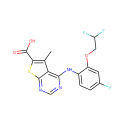 Cc1c(C(=O)O)sc2ncnc(Nc3ccc(F)cc3OCC(F)F)c12 ZINC000169708385