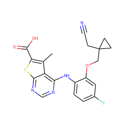 Cc1c(C(=O)O)sc2ncnc(Nc3ccc(F)cc3OCC3(CC#N)CC3)c12 ZINC000169708384