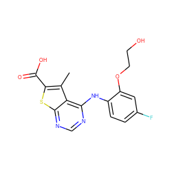 Cc1c(C(=O)O)sc2ncnc(Nc3ccc(F)cc3OCCO)c12 ZINC000169708392