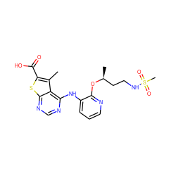 Cc1c(C(=O)O)sc2ncnc(Nc3cccnc3O[C@@H](C)CCNS(C)(=O)=O)c12 ZINC000118819480