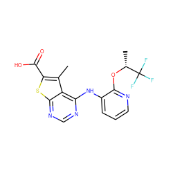 Cc1c(C(=O)O)sc2ncnc(Nc3cccnc3O[C@H](C)C(F)(F)F)c12 ZINC000118739165