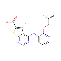 Cc1c(C(=O)O)sc2ncnc(Nc3cccnc3OC[C@@H](C)F)c12 ZINC000118737735