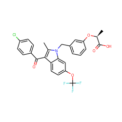 Cc1c(C(=O)c2ccc(Cl)cc2)c2ccc(OC(F)(F)F)cc2n1Cc1cccc(O[C@@H](C)C(=O)O)c1 ZINC000044351719