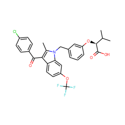 Cc1c(C(=O)c2ccc(Cl)cc2)c2ccc(OC(F)(F)F)cc2n1Cc1cccc(O[C@H](C(=O)O)C(C)C)c1 ZINC000043009893