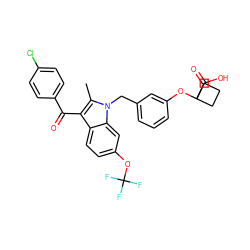 Cc1c(C(=O)c2ccc(Cl)cc2)c2ccc(OC(F)(F)F)cc2n1Cc1cccc(OC2(C(=O)O)CCC2)c1 ZINC000043078296