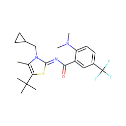 Cc1c(C(C)(C)C)s/c(=N\C(=O)c2cc(C(F)(F)F)ccc2N(C)C)n1CC1CC1 ZINC000028954366