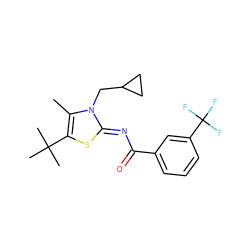 Cc1c(C(C)(C)C)s/c(=N\C(=O)c2cccc(C(F)(F)F)c2)n1CC1CC1 ZINC000028954333