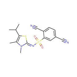 Cc1c(C(C)C)s/c(=N\S(=O)(=O)c2cc(C#N)ccc2C#N)n1C ZINC000014944771