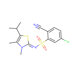 Cc1c(C(C)C)s/c(=N\S(=O)(=O)c2cc(Cl)ccc2C#N)n1C ZINC000014944763