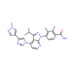 Cc1c(C(N)=O)ccc(-n2nc(C(C)C)c3c(-n4cnc(-c5cnn(C)c5)c4)ccnc32)c1C ZINC000169703531