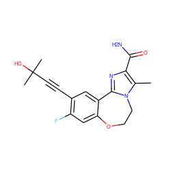 Cc1c(C(N)=O)nc2n1CCOc1cc(F)c(C#CC(C)(C)O)cc1-2 ZINC000205784604