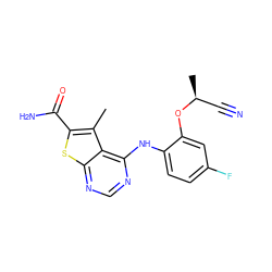 Cc1c(C(N)=O)sc2ncnc(Nc3ccc(F)cc3O[C@@H](C)C#N)c12 ZINC000169708380