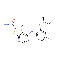 Cc1c(C(N)=O)sc2ncnc(Nc3ccc(F)cc3O[C@@H](C)CF)c12 ZINC000169686622