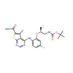 Cc1c(C(N)=O)sc2ncnc(Nc3ccc(F)cc3O[C@@H](C)CNC(=O)OC(C)(C)C)c12 ZINC000118739069