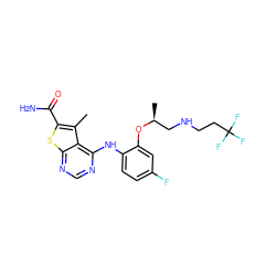 Cc1c(C(N)=O)sc2ncnc(Nc3ccc(F)cc3O[C@@H](C)CNCCC(F)(F)F)c12 ZINC000169708355