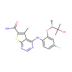 Cc1c(C(N)=O)sc2ncnc(Nc3ccc(F)cc3O[C@H](C)C(C)(C)O)c12 ZINC000118816610