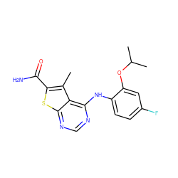 Cc1c(C(N)=O)sc2ncnc(Nc3ccc(F)cc3OC(C)C)c12 ZINC000473156094