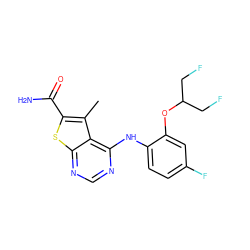 Cc1c(C(N)=O)sc2ncnc(Nc3ccc(F)cc3OC(CF)CF)c12 ZINC000118824271