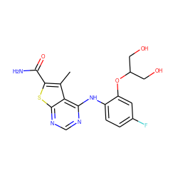 Cc1c(C(N)=O)sc2ncnc(Nc3ccc(F)cc3OC(CO)CO)c12 ZINC000169686625