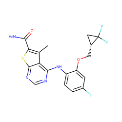 Cc1c(C(N)=O)sc2ncnc(Nc3ccc(F)cc3OC[C@@H]3CC3(F)F)c12 ZINC000169686610