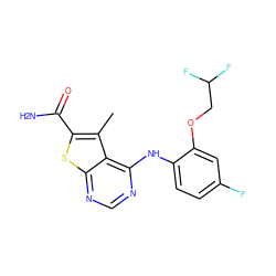 Cc1c(C(N)=O)sc2ncnc(Nc3ccc(F)cc3OCC(F)F)c12 ZINC000169686605