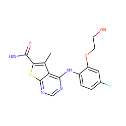 Cc1c(C(N)=O)sc2ncnc(Nc3ccc(F)cc3OCCO)c12 ZINC000169686627