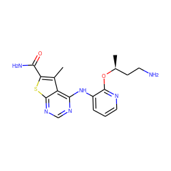 Cc1c(C(N)=O)sc2ncnc(Nc3cccnc3O[C@@H](C)CCN)c12 ZINC000118820201