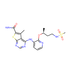 Cc1c(C(N)=O)sc2ncnc(Nc3cccnc3O[C@@H](C)CCNS(C)(=O)=O)c12 ZINC000118819059