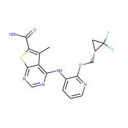 Cc1c(C(N)=O)sc2ncnc(Nc3cccnc3OC[C@@H]3CC3(F)F)c12 ZINC000118819446