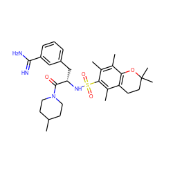 Cc1c(C)c(S(=O)(=O)N[C@@H](Cc2cccc(C(=N)N)c2)C(=O)N2CCC(C)CC2)c(C)c2c1OC(C)(C)CC2 ZINC000003834176