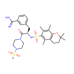 Cc1c(C)c(S(=O)(=O)N[C@H](Cc2cccc(C(=N)N)c2)C(=O)N2CCN(S(C)(=O)=O)CC2)c(C)c2c1OC(C)(C)CC2 ZINC000026833273