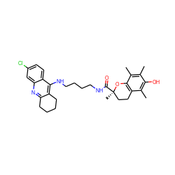 Cc1c(C)c2c(c(C)c1O)CC[C@@](C)(C(=O)NCCCCNc1c3c(nc4cc(Cl)ccc14)CCCC3)O2 ZINC000473146927