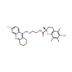 Cc1c(C)c2c(c(C)c1O)CC[C@@](C)(C(=O)NCCCNc1c3c(nc4cc(Cl)ccc14)CCCC3)O2 ZINC000473152604