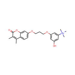 Cc1c(C)c2ccc(OCCCOc3cc(O)cc([N+](C)(C)C)c3)cc2oc1=O ZINC000040407273