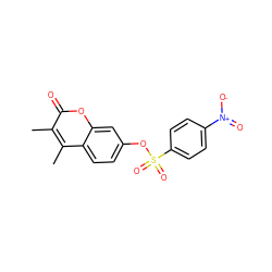 Cc1c(C)c2ccc(OS(=O)(=O)c3ccc([N+](=O)[O-])cc3)cc2oc1=O ZINC000013835564