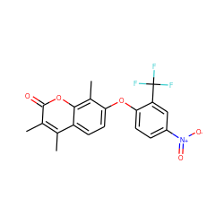 Cc1c(C)c2ccc(Oc3ccc([N+](=O)[O-])cc3C(F)(F)F)c(C)c2oc1=O ZINC000001154551