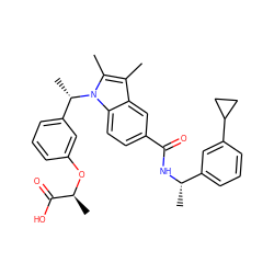 Cc1c(C)n([C@@H](C)c2cccc(O[C@@H](C)C(=O)O)c2)c2ccc(C(=O)N[C@@H](C)c3cccc(C4CC4)c3)cc12 ZINC000205992638