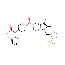 Cc1c(C)n(C[C@H]2CCCN2S(C)(=O)=O)c2ccc(C(=O)N3CCC(N4C(=O)OCc5ccccc54)CC3)cc12 ZINC000029210952