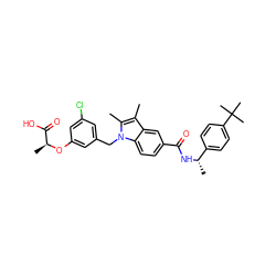 Cc1c(C)n(Cc2cc(Cl)cc(O[C@@H](C)C(=O)O)c2)c2ccc(C(=O)N[C@@H](C)c3ccc(C(C)(C)C)cc3)cc12 ZINC000206017399