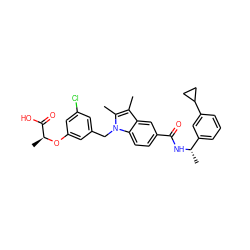 Cc1c(C)n(Cc2cc(Cl)cc(O[C@@H](C)C(=O)O)c2)c2ccc(C(=O)N[C@@H](C)c3cccc(C4CC4)c3)cc12 ZINC000206003340