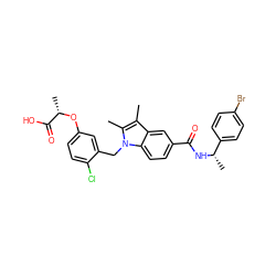 Cc1c(C)n(Cc2cc(O[C@@H](C)C(=O)O)ccc2Cl)c2ccc(C(=O)N[C@@H](C)c3ccc(Br)cc3)cc12 ZINC000206014494