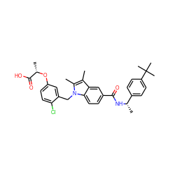 Cc1c(C)n(Cc2cc(O[C@@H](C)C(=O)O)ccc2Cl)c2ccc(C(=O)N[C@@H](C)c3ccc(C(C)(C)C)cc3)cc12 ZINC000205982257