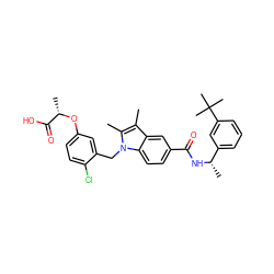 Cc1c(C)n(Cc2cc(O[C@@H](C)C(=O)O)ccc2Cl)c2ccc(C(=O)N[C@@H](C)c3cccc(C(C)(C)C)c3)cc12 ZINC000206012859